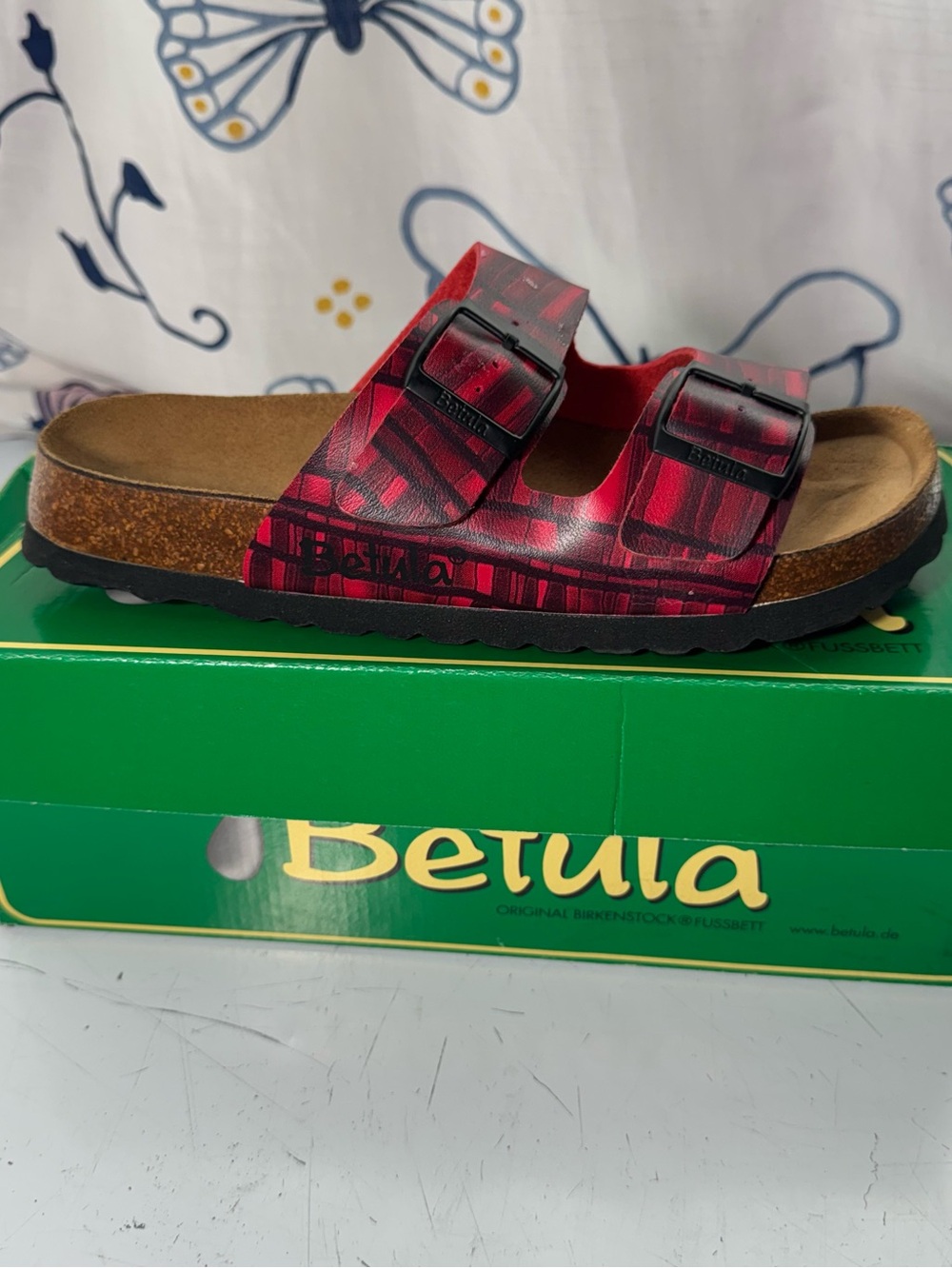 Vtg Betula By Birkenstock 2 Straps Birko-Flor Patchwork Red On Black Size 8L/6M